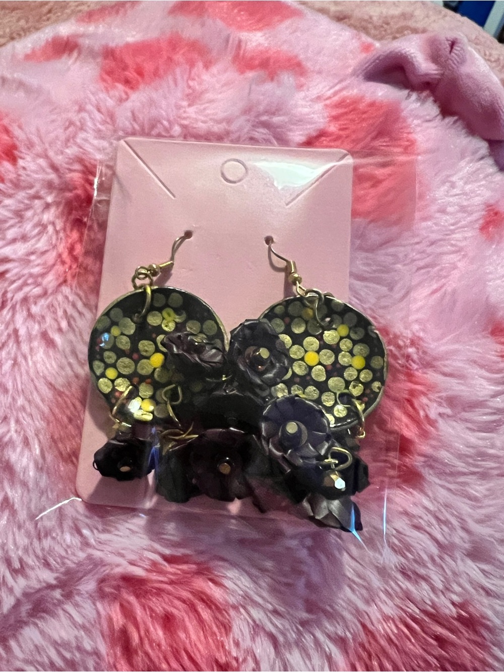 Black Floral Disc Drop Earrings with Gold Accents